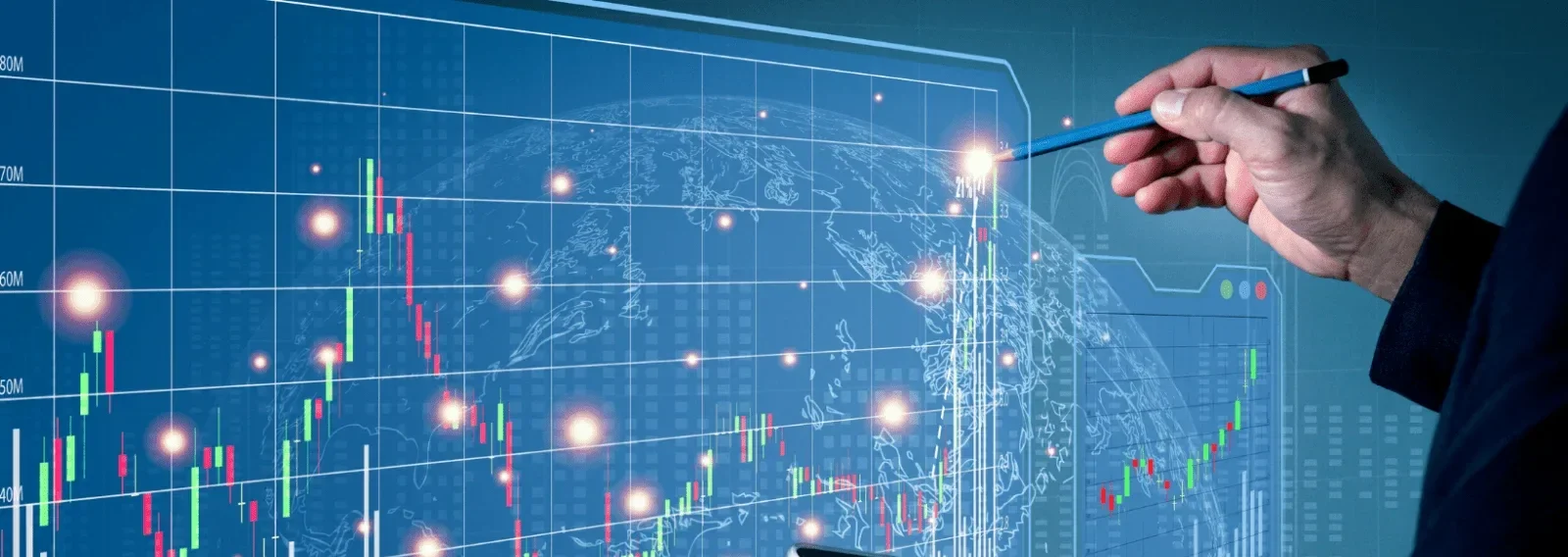 A person tracking charts on a virtual reality screen